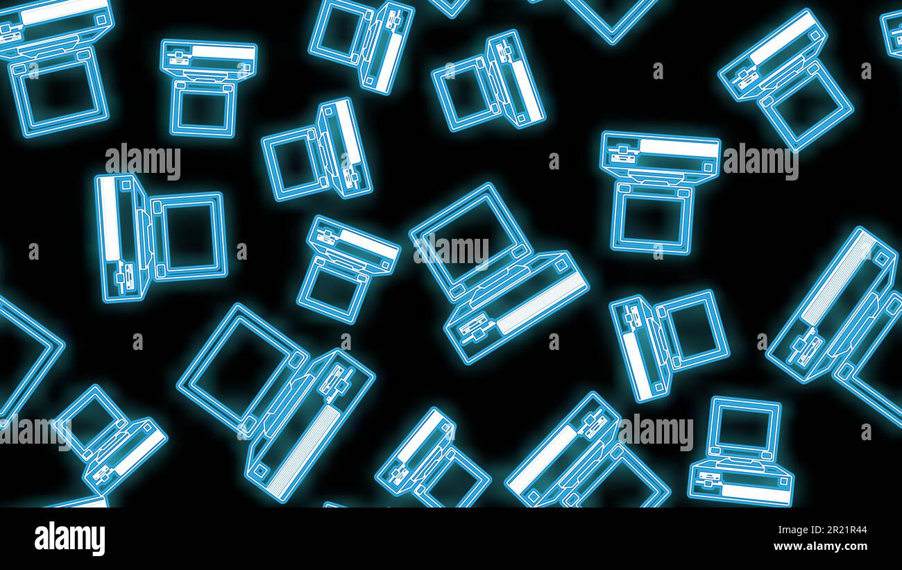 Bel neon astratto senza cuciture modello di luminose icone di vecchi computer desktop retrò hipster vintage con flop dal 70s, 80s, 90s e. Illustrazione Vettoriale