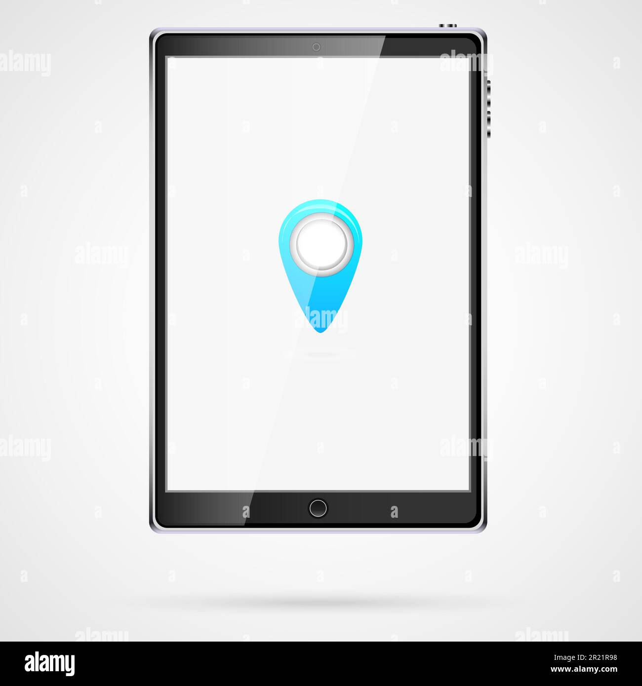 Grande computer tablet sottile nero realistico, sensibile al tocco, con etichetta blu per gps e schermo luminoso nero lucido isolato sul quale Illustrazione Vettoriale