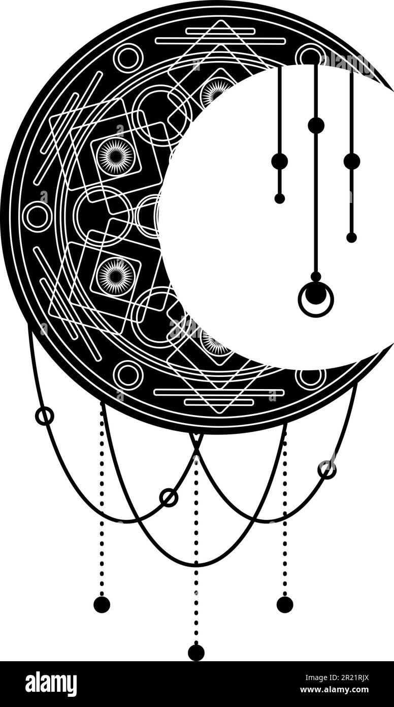 Luna nera, simbolo di mezzaluna con ornamento decorativo. Simbolo mistico in stile boho. Magic spa, manicure, gioielli elemento negozio. Isolo segno vettore sacro Illustrazione Vettoriale