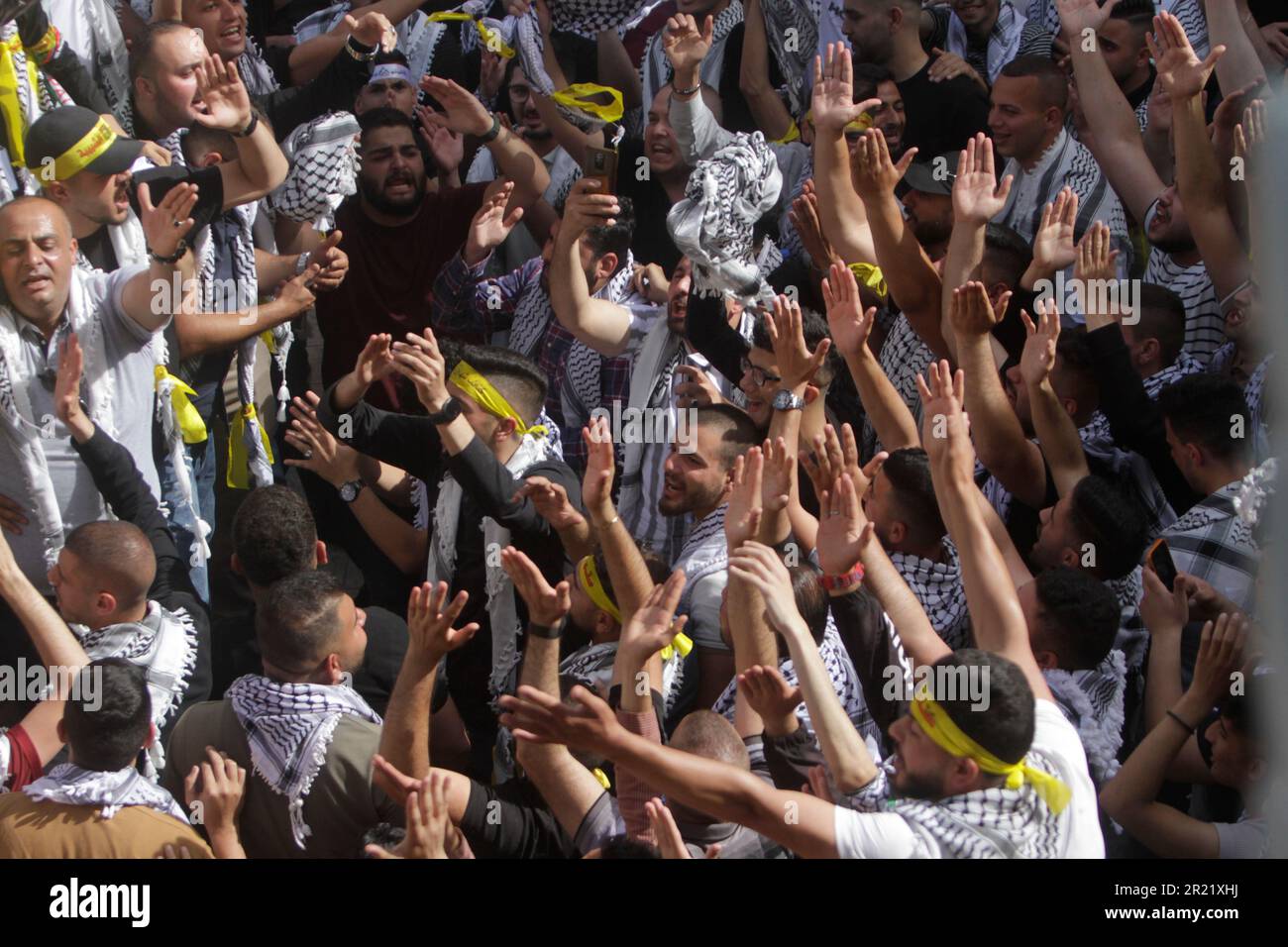 Nablus, Palestina. 16th maggio, 2023. I sostenitori degli studenti del blocco al-Shabiba affiliato a Fatah, uno dei quattro blocchi nominati per le elezioni, si rallegrano in attesa dei risultati delle elezioni per il Consiglio dell'Unione degli studenti presso l'Università Nazionale Palestinese An-Najah di Nablus, nella Cisgiordania occupata a nord. Le elezioni sono tra i 4 blocchi di studenti all'Università An-Najah, che è la prima elezione per il Consiglio dell'Unione degli studenti dopo 7 anni. (Foto di Nasser Ishtayeh/SOPA Images/Sipa USA) Credit: Sipa USA/Alamy Live News Foto Stock