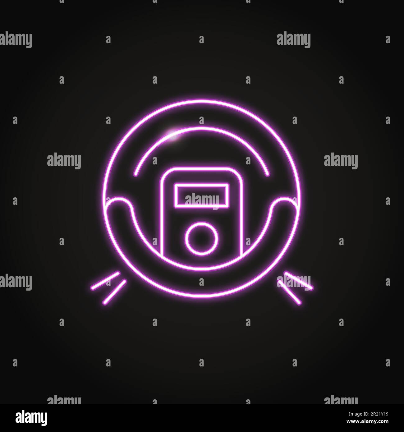 Icona dell'aspirapolvere robot al neon in stile linea. Simbolo di un apparecchio domestico intelligente. Illustrazione vettoriale. Illustrazione Vettoriale