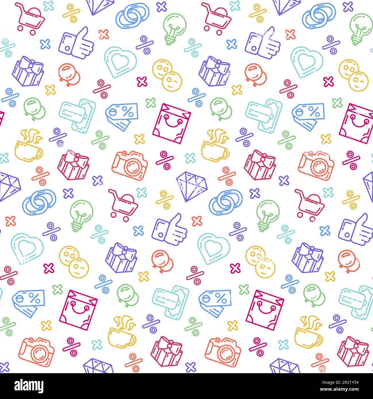 Shopping sale oggetti modello senza cuciture con shopping bag, sconto, regalo a sorpresa scatola con prua, contanti e carta di credito. Ornamento per stampa su tessuto, c Illustrazione Vettoriale