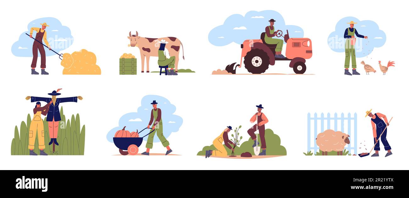 Cartoon lavoratori agricoli. Uomini o donne che si prendono cura di piante e bestiame. Raccolto agricolo. Persone che nutrono uccelli domestici. Giardinieri in Illustrazione Vettoriale