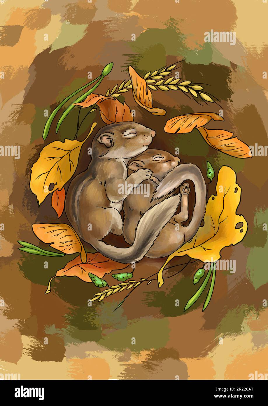 Illustrazione dei pippunks dormienti. Due piccoli cippini dormono in un mucchio di foglie. Toni autunnali. Prenota l'illustrazione dei bambini. Per la stampa su prodotti per bambini. Animali divertenti. Animali selvatici. Illustrazione di alta qualità Foto Stock