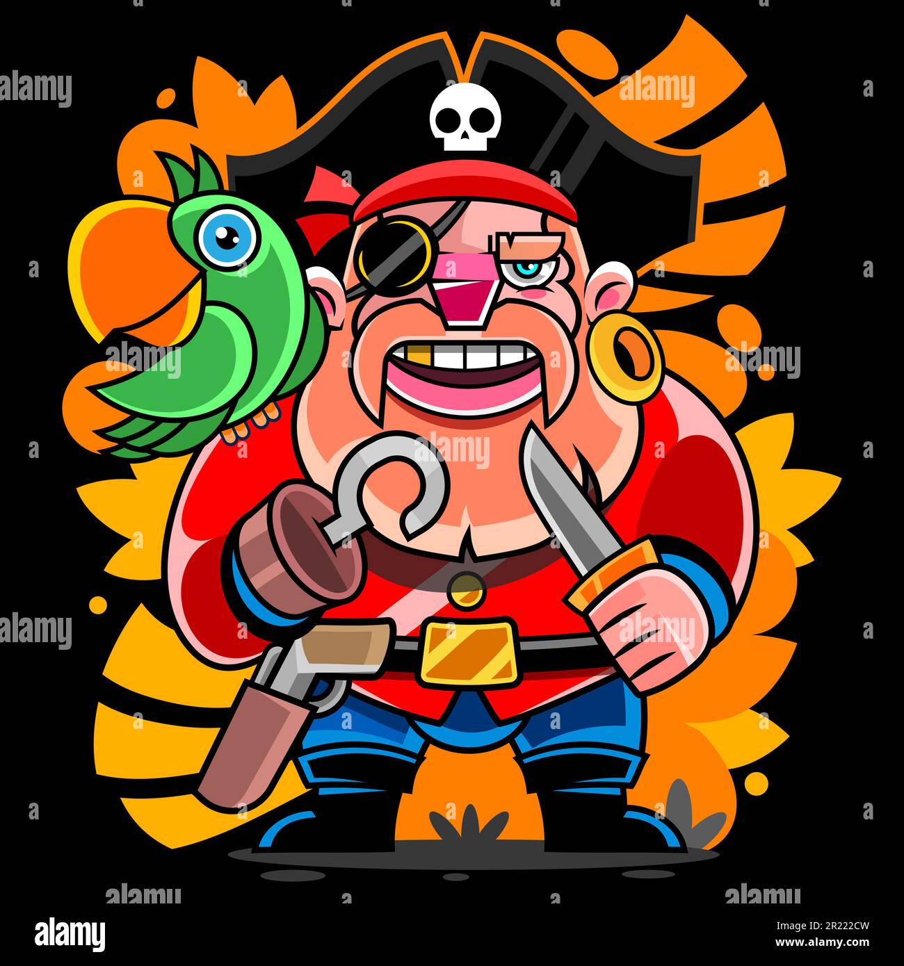 Pappagallo pirata con una spada di legno. Illustrazione di clip vettoriali con gradienti semplici. Tutto in un unico dispositivo Illustrazione Vettoriale