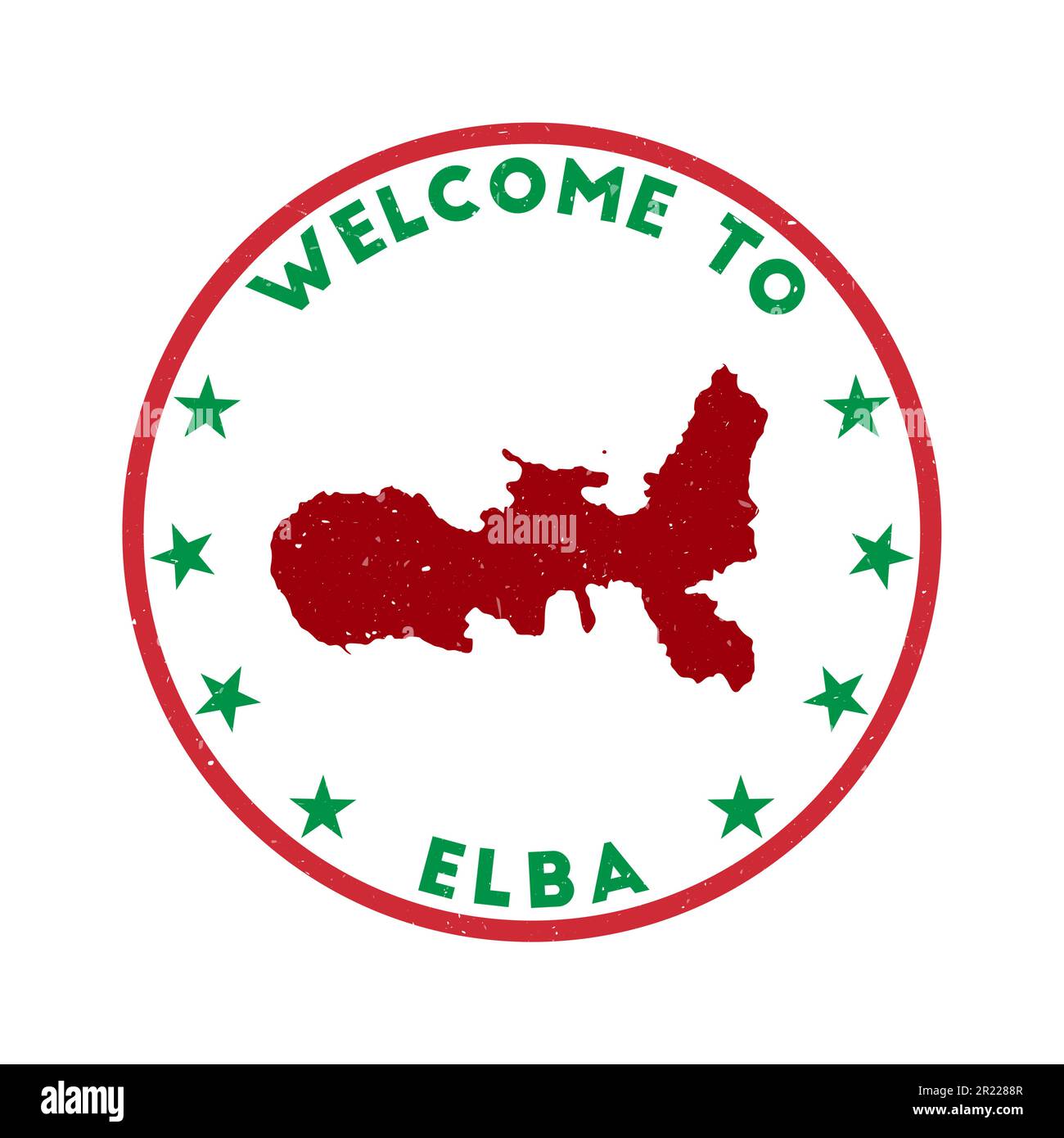 Benvenuto al francobollo dell'Elba. Francobollo tondo dell'isola grunge con texture in tema di colore Rivoluzione Verde. Sigillo geometrico all'Elba in stile vintage. Illustrazione Vettoriale