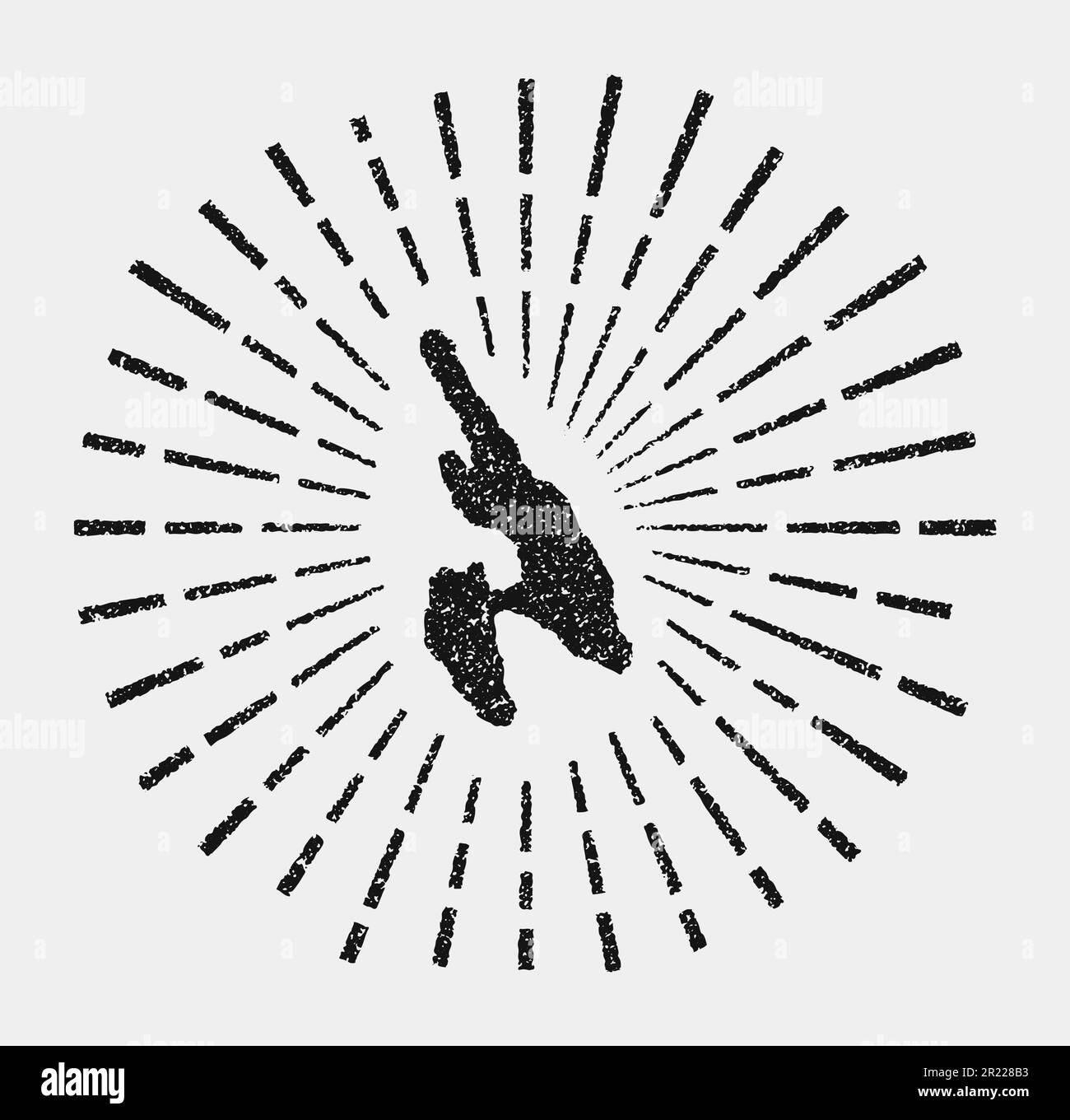 Mappa vintage di Ko Phi Phi. Grunge sunburst intorno alla mappa. Ko Phi Phi nero forma con raggi solari su sfondo bianco. Illustrazione vettoriale. Illustrazione Vettoriale