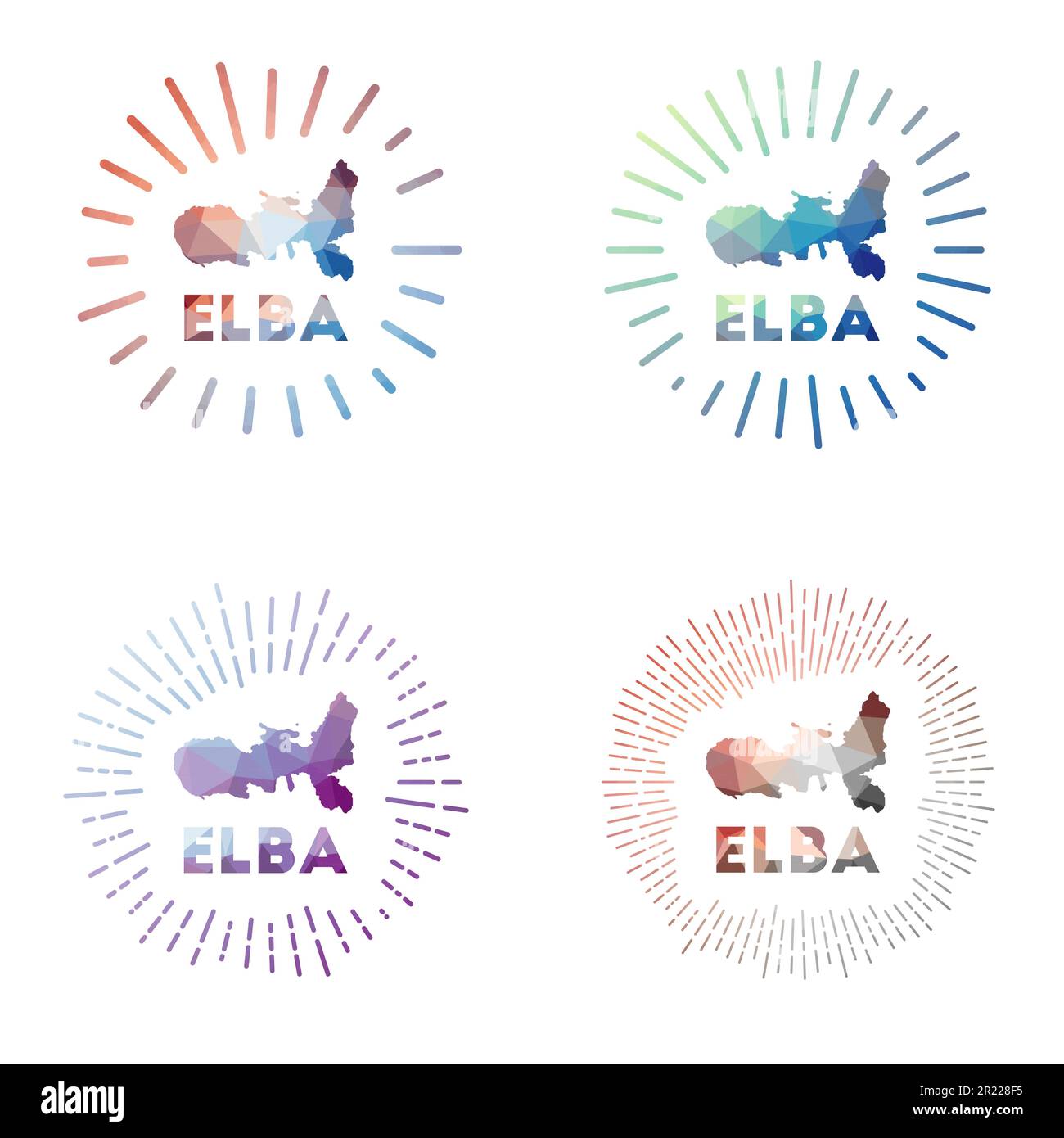 Elba basso Poly sunburst set. Logo dell'isola in stile poligonale geometrico. Illustrazione vettoriale. Illustrazione Vettoriale