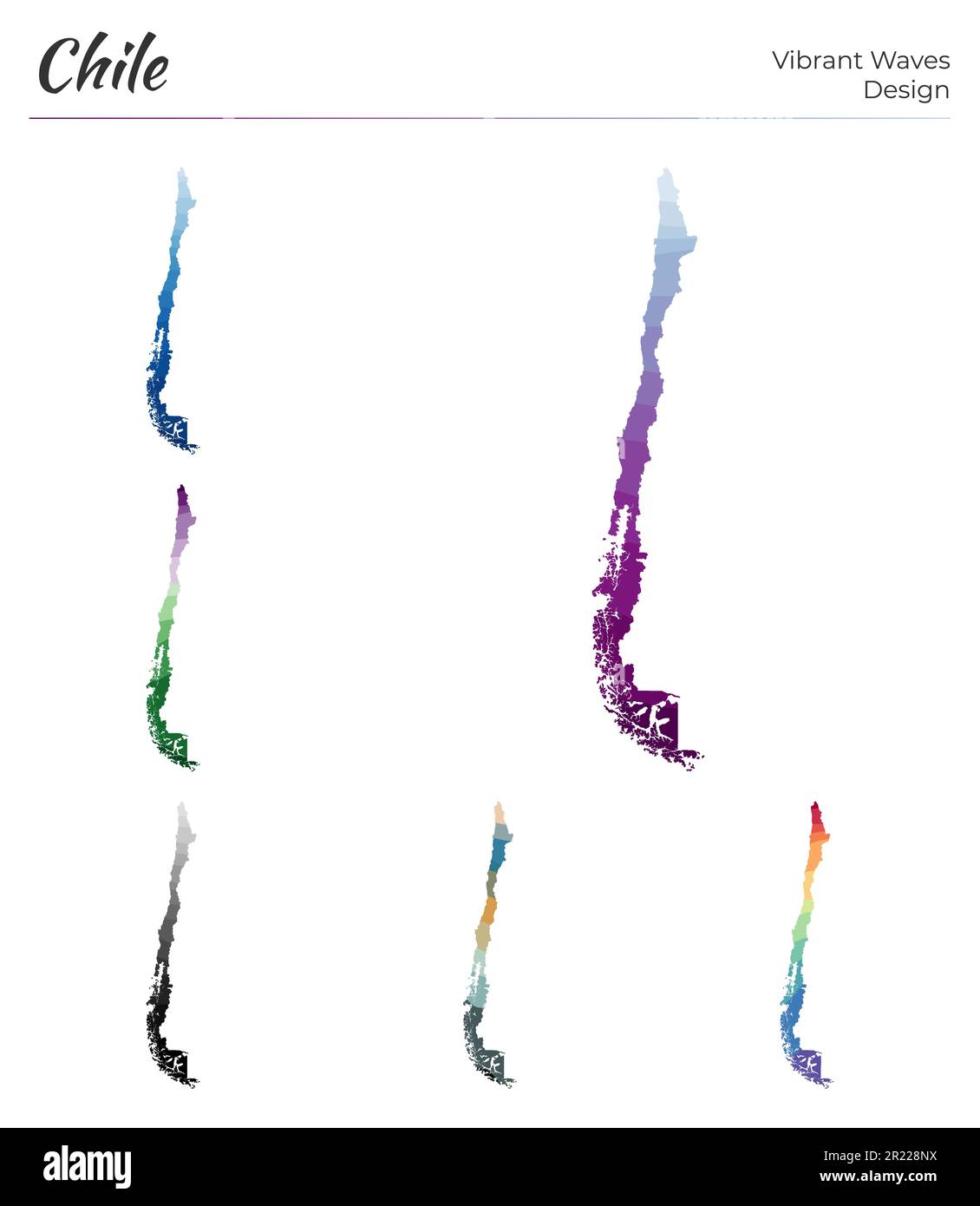 Serie di mappe vettoriali del Cile. Design dalle onde vibranti. Mappa luminosa del paese in stile geometrico con curve lisce. Mappa multicolore del Cile per il tuo progetto. Illustrazione Vettoriale
