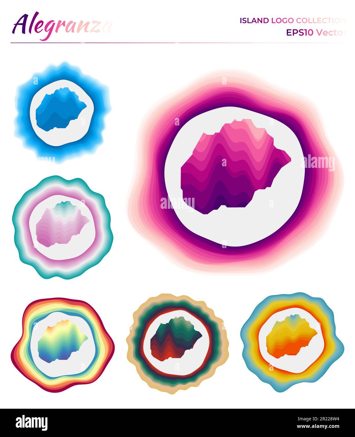 Collezione logo Alegranza. Distintivo colorato dell'isola. Livelli intorno alla forma del bordo Alegranza. Illustrazione vettoriale. Illustrazione Vettoriale