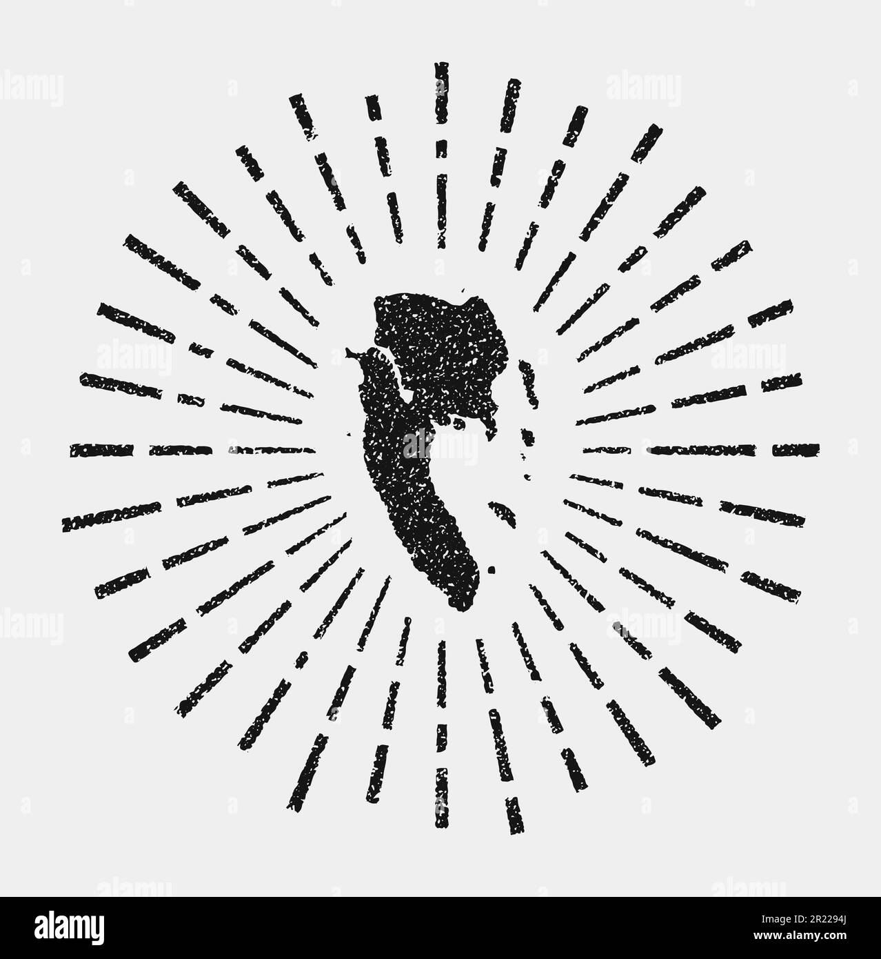 Carta vintage di Ko Lanta. Il sole grunge scoppiò intorno all'isola. Forma Ko Lanta nera con raggi solari su sfondo bianco. Illustrazione vettoriale. Illustrazione Vettoriale