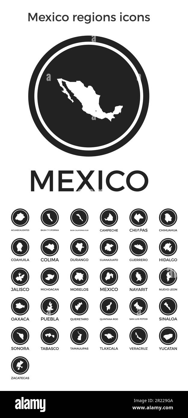 Icone delle regioni del Messico. Logo tondi neri con mappe e titoli delle regioni dei paesi. Illustrazione vettoriale. Illustrazione Vettoriale