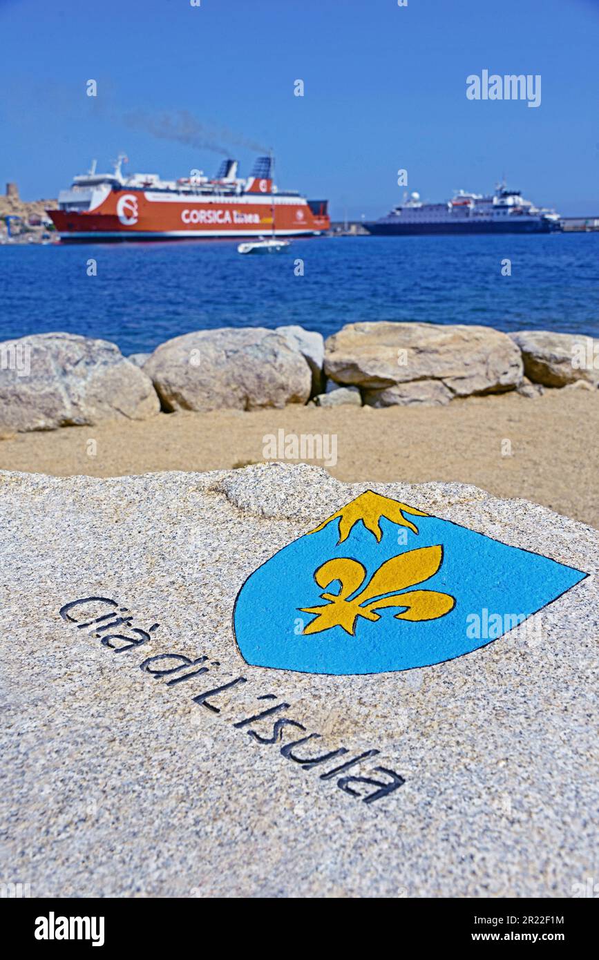 Blazon di Cita di L Isula e il porto, Francia, Corsica, Ile Rousse, Balagne Foto Stock