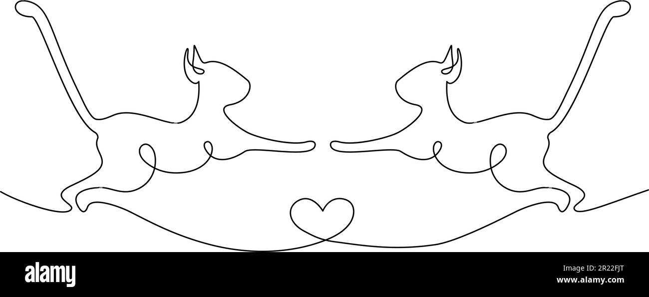 Immagine astratta di 2 gatti che saltano l'uno verso l'altro con il cuore disegnato da una linea continua. Cat giorno. Adesivo. Icona. Isolare. Design per poster, banner, brochure o prezzo, etichetta o scheda. Vettore. EPS. Illustrazione Vettoriale