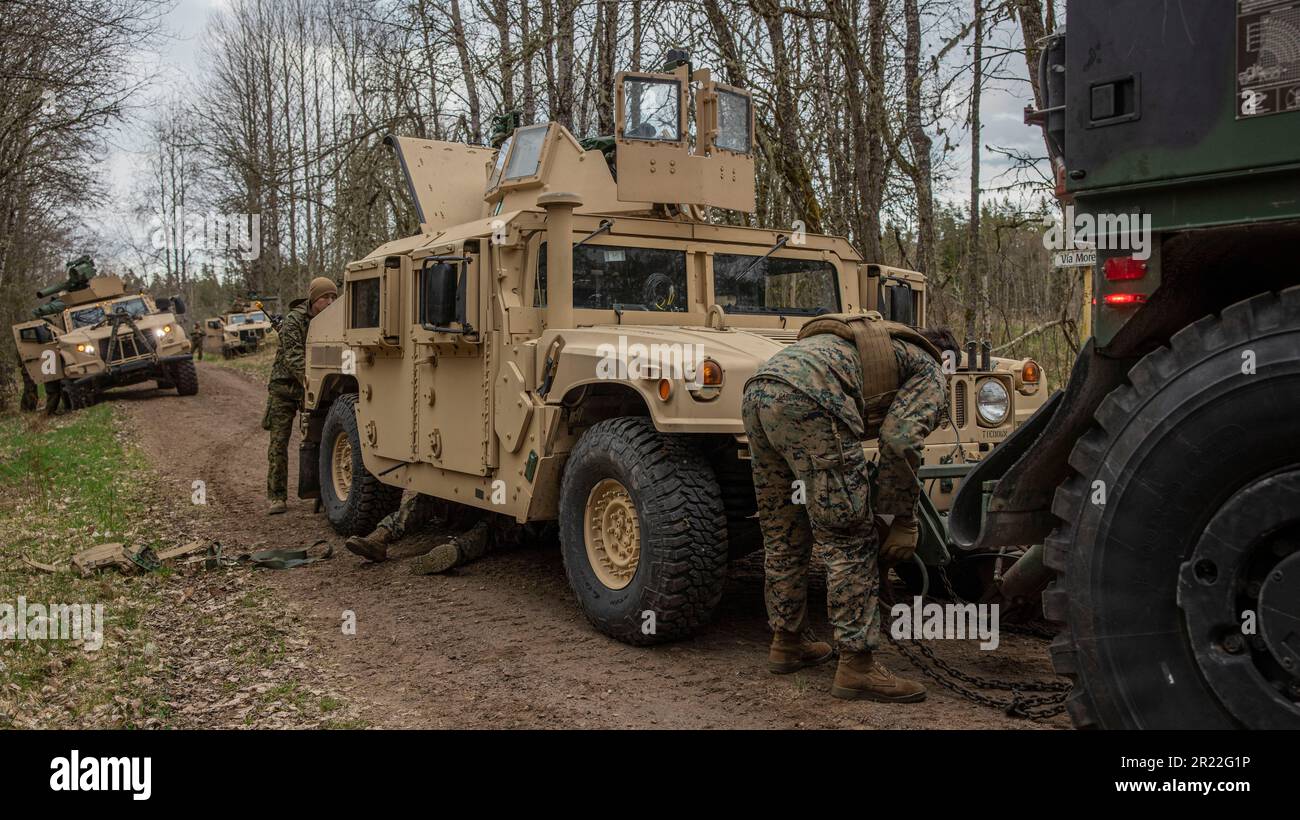 STATI UNITI Marines con 2D battaglione, 8th Marines Regiment, 2D Marine Division, ripara un veicolo a ruote multiuso ad alta mobilità vicino a Skovde, Svezia, 3 maggio 2023. Marine Rotational Forces Europe 23,1 si concentra sugli impegni regionali in tutto il territorio, che migliora l'interoperabilità generale degli Stati Uniti Marine Corps con alleati e partner (USA Corpo marino foto di CPL. Megan Ozaki) Foto Stock
