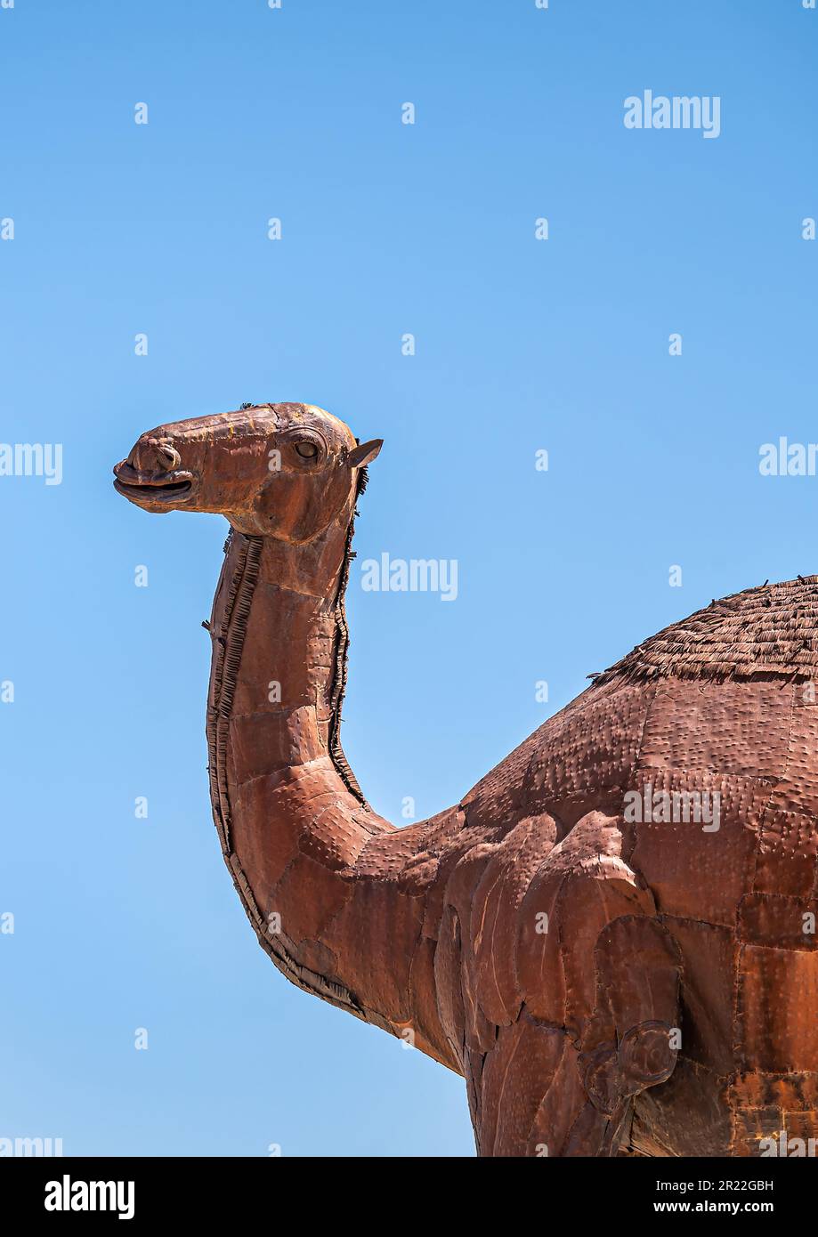 Borrego Springs, CA, USA - 24 aprile 2023: Testa di dromedario gigante in metallo arrugginito marrone e statua del collo che si cela contro il cielo blu. Foto Stock