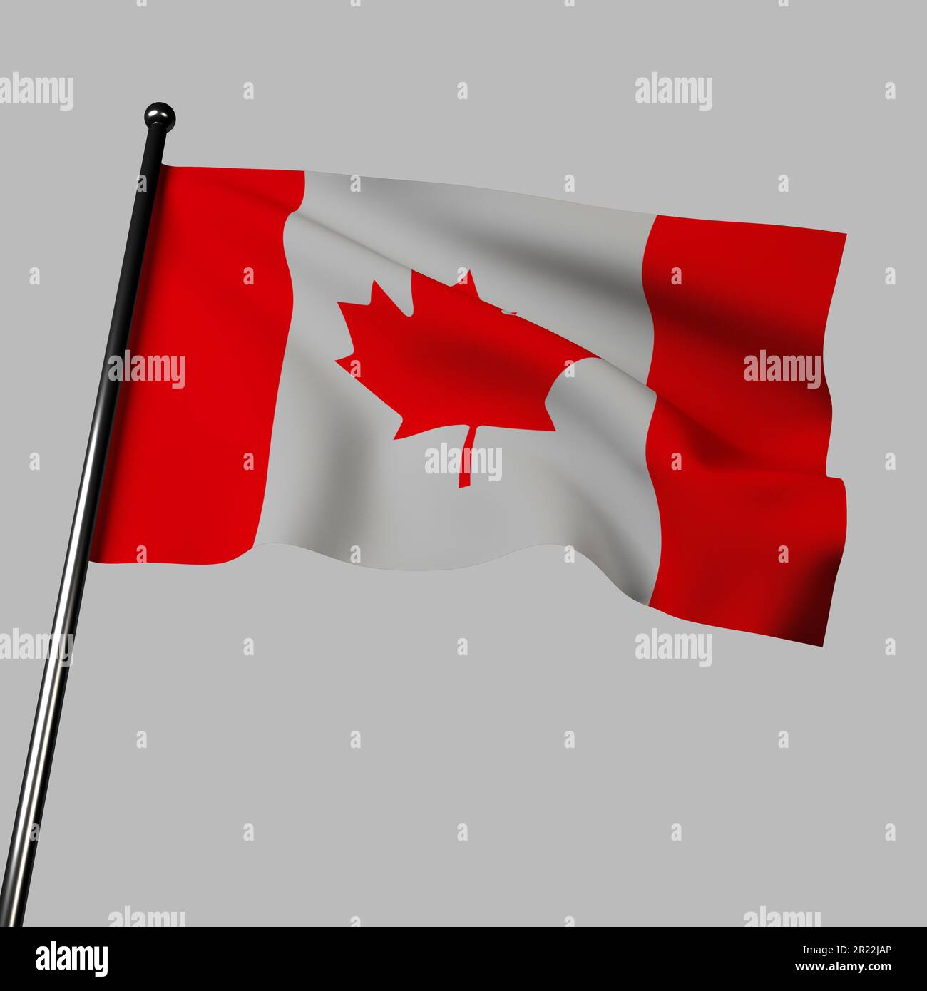 3D rappresentazione della bandiera canadese che ondola su sfondo grigio. Campo rosso con quadrato bianco al centro, con simbolo di foglia di acero rosso che rappresenta il beau naturale Foto Stock