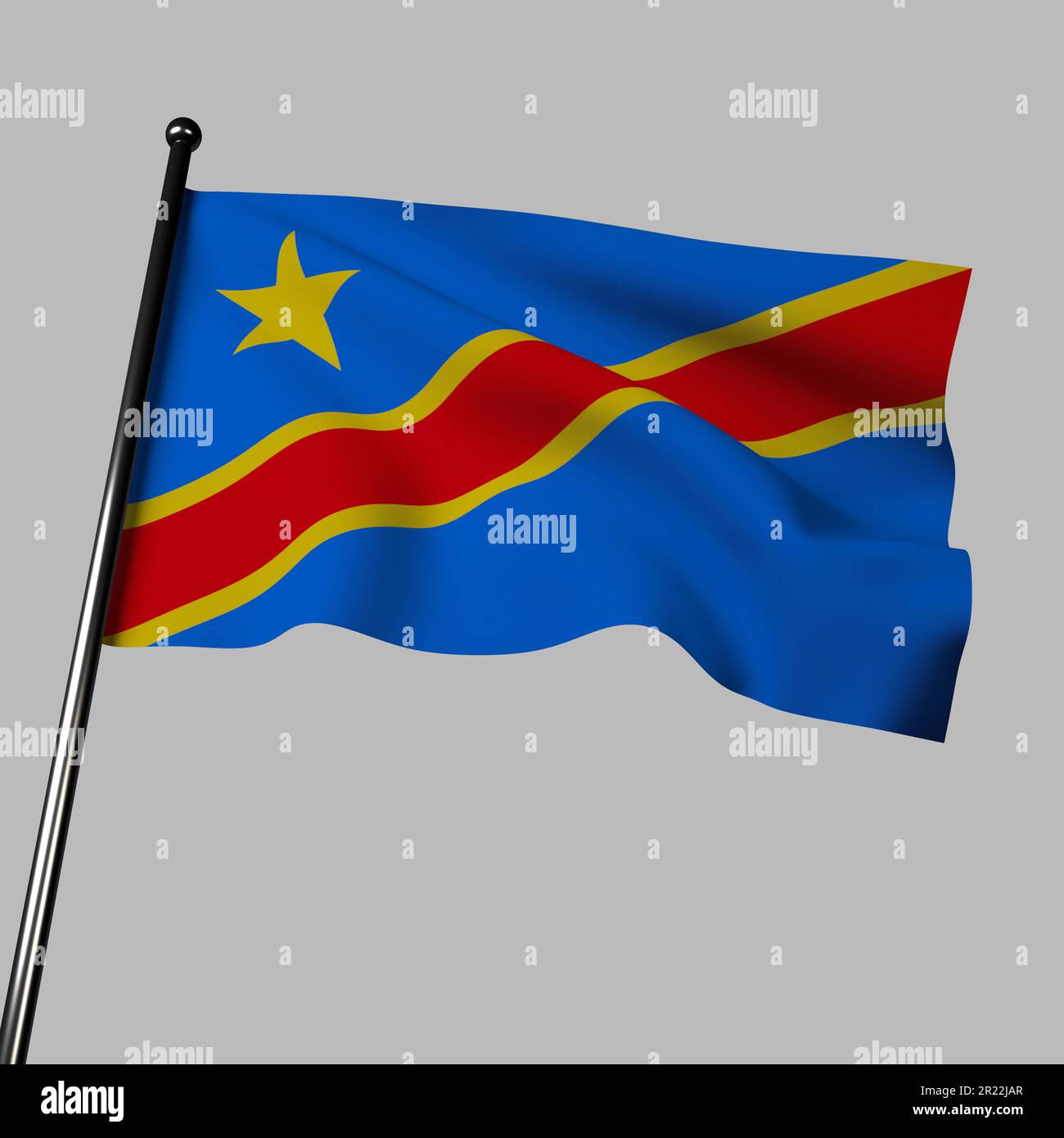 La bandiera 3D della Repubblica Democratica del Congo che appare in grigio presenta una striscia diagonale gialla, rossa e blu con una stella gialla. I colori simboleggiano la pace, Blo Foto Stock