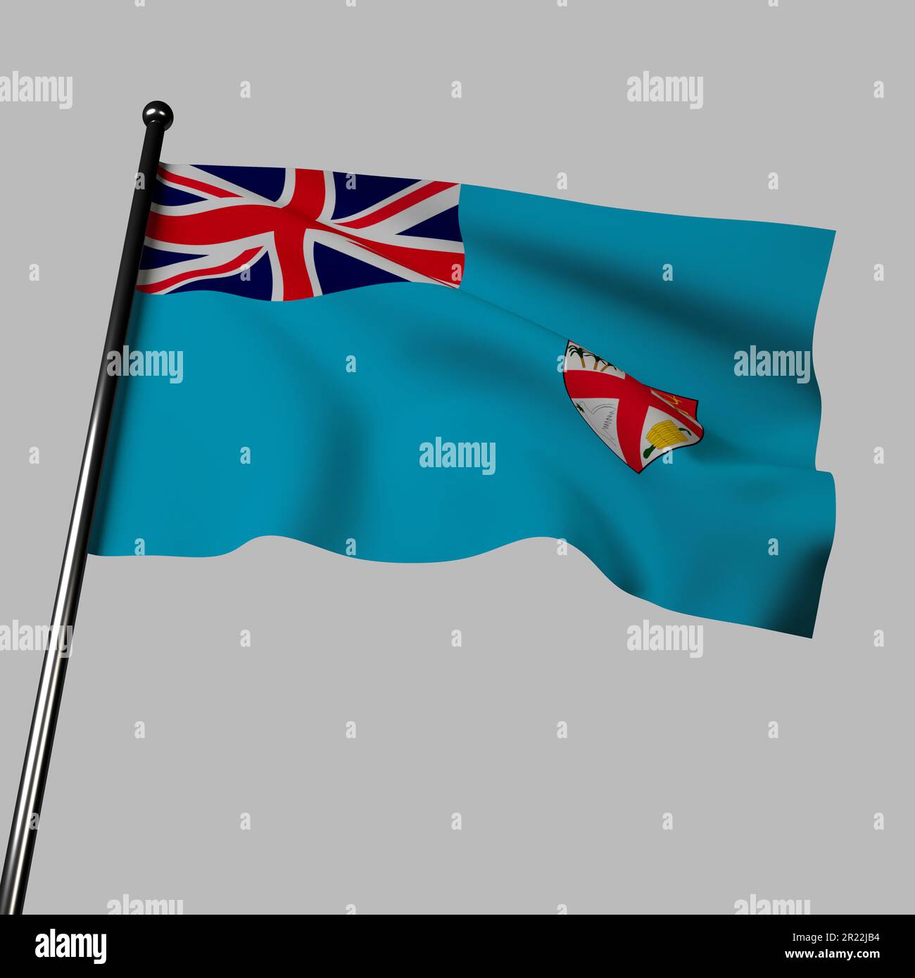 Bandiera delle Fiji su sfondo grigio, azzurro con Union Jack in alto a sinistra, stemma con scudo con leone sopra la palma. Il blu rappresenta il Pacifico Foto Stock