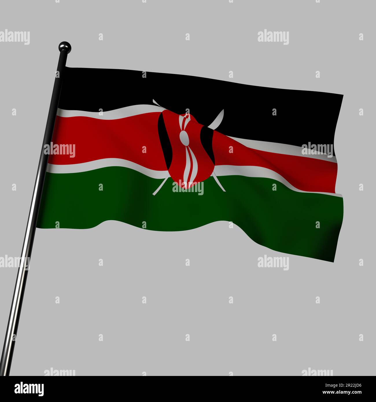 3D la bandiera keniota sbatte nella brezza su uno sfondo grigio. I suoi colori nero, rosso e verde rappresentano il popolo, lo spargimento di sangue per l'indipendenza, un Foto Stock