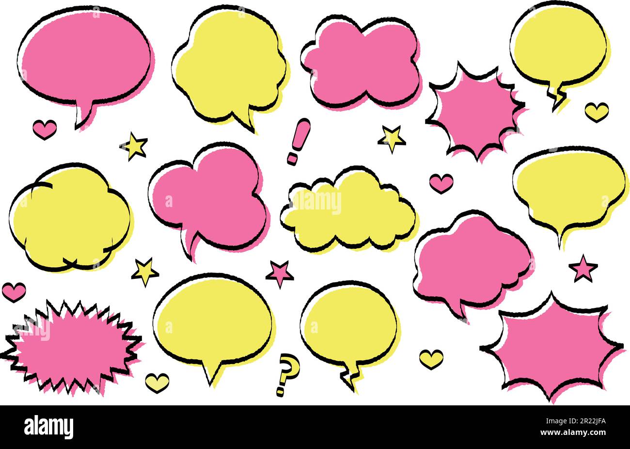 Set di bolle vocali gialle e rosa in varie forme, illustrazione vettoriale. Illustrazione Vettoriale