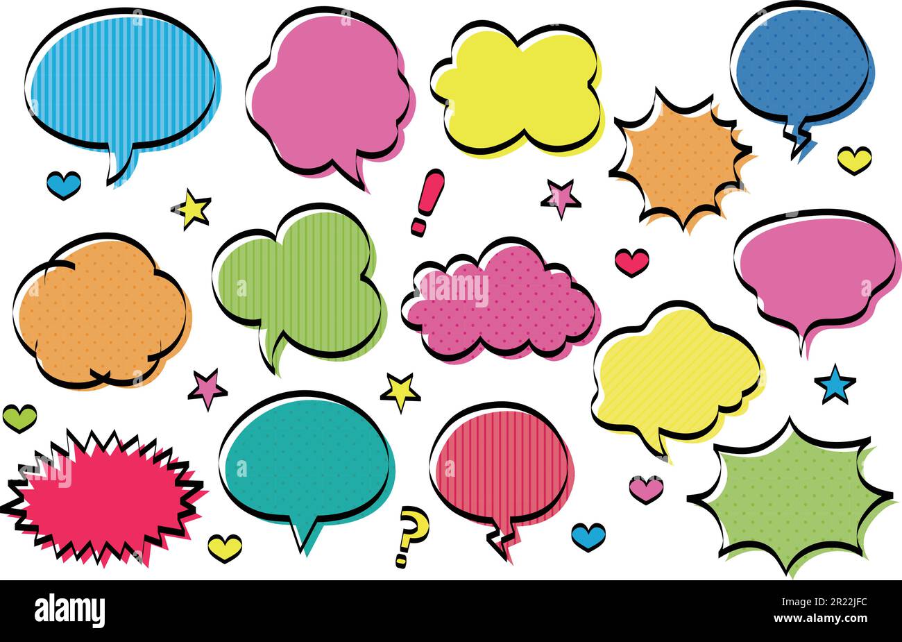 Set di bolle vocali felici in vari colori e dimensioni, illustrazione vettoriale. Illustrazione Vettoriale