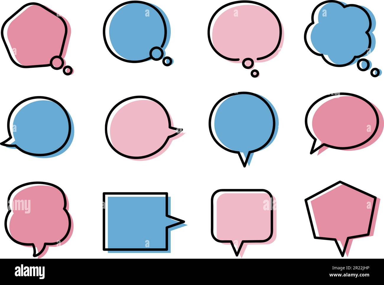 Set di bolle vocali blu e rosa in varie forme, illustrazione vettoriale. Illustrazione Vettoriale