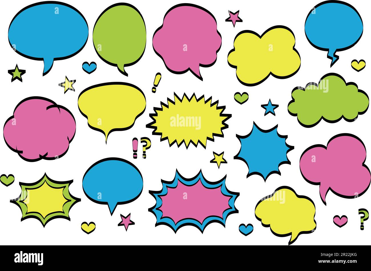Set di fumetti colorati in vari colori e dimensioni, illustrazione vettoriale. Illustrazione Vettoriale