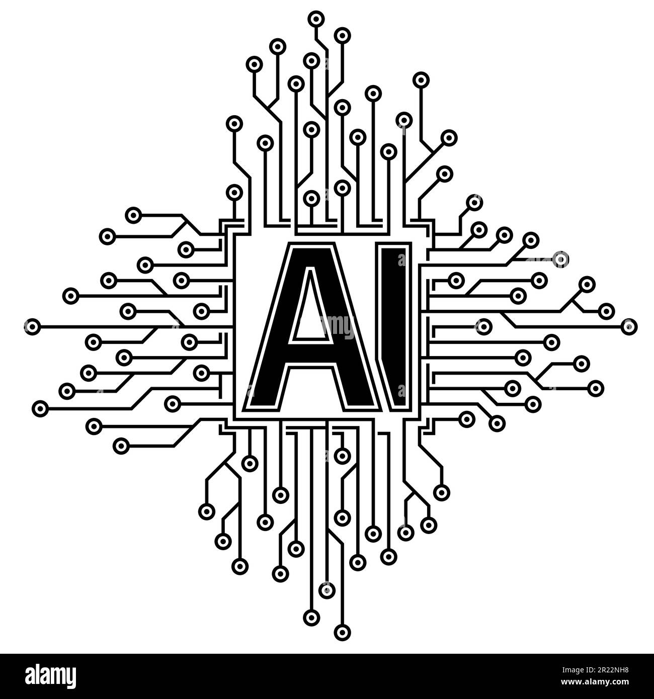 Icona astratta del microchip con scheda a circuito stampato di colore nero con lettere ai al centro su sfondo bianco. concetto di intelligenza artificiale Illustrazione Vettoriale