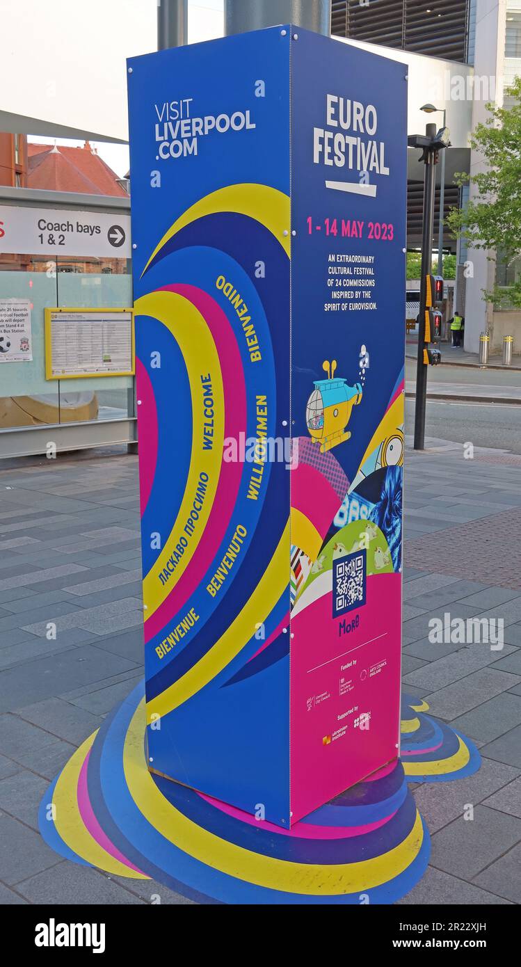 Liverpool Eurofestival 2023 Pubblicità, Liverpool One Bus Station, Paradise Street, Liverpool, Merseyside, Inghilterra, REGNO UNITO, L1 8LT Foto Stock