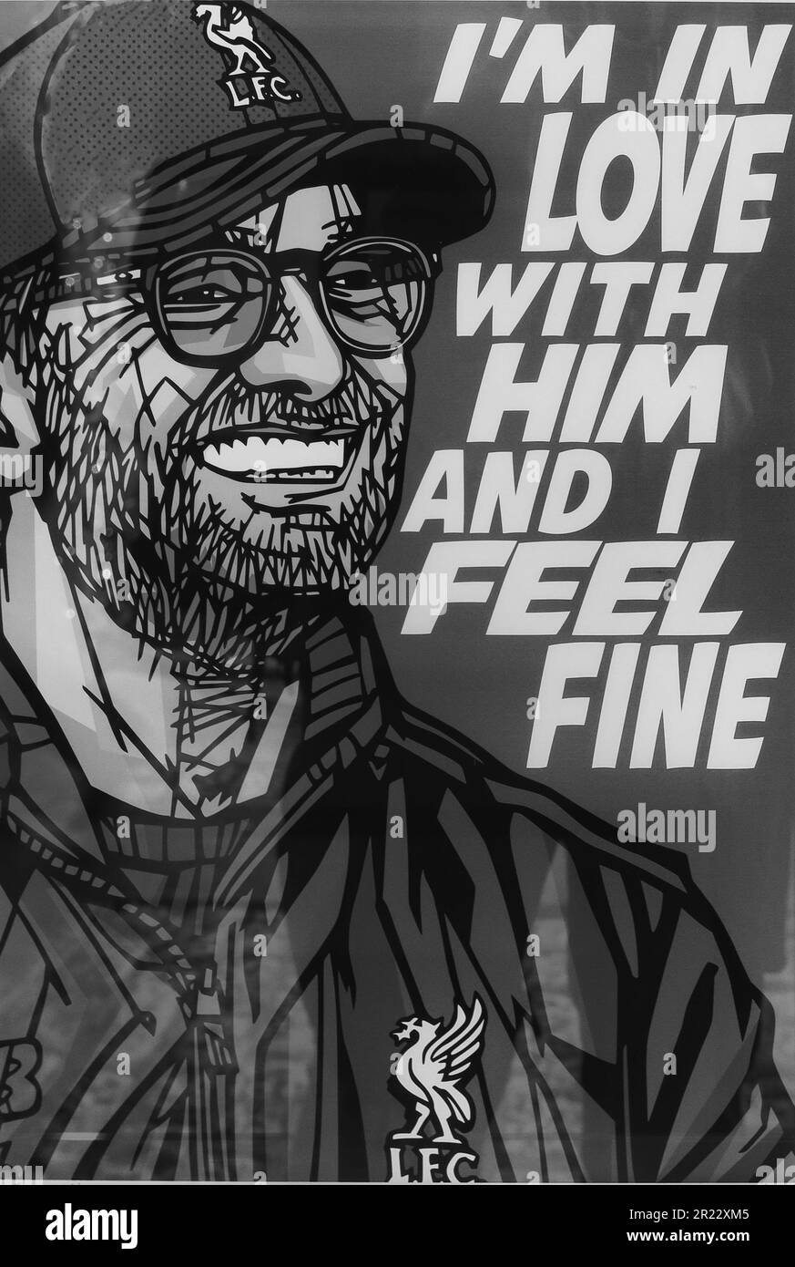 Klopp The Mainzer, LFC Liverpool Football Club manager schizzo d'arte - sono innamorato di lui e mi sento bene - Beatles lyric da mi sento bene Foto Stock