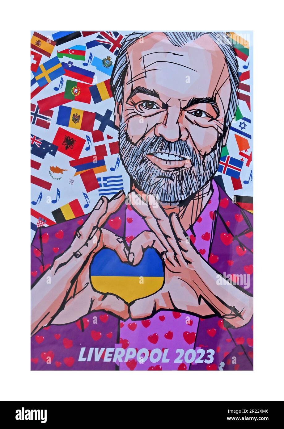 Liverpool Graham Norton Eurovision2023 opere d'arte per celebrare ogni ingresso paese e un cuore per l'Ucraina, Regno Unito Foto Stock