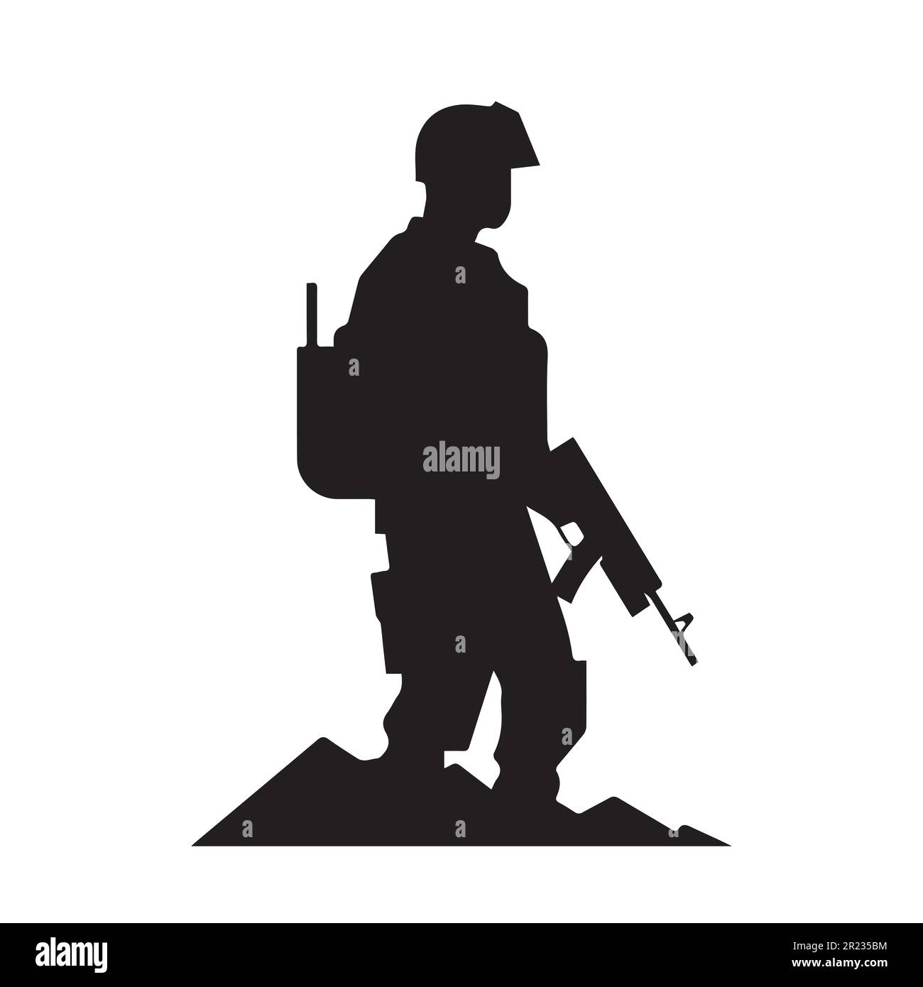Una silhouette di un soldato con una pistola sulla sua immagine vettoriale posteriore. Illustrazione Vettoriale