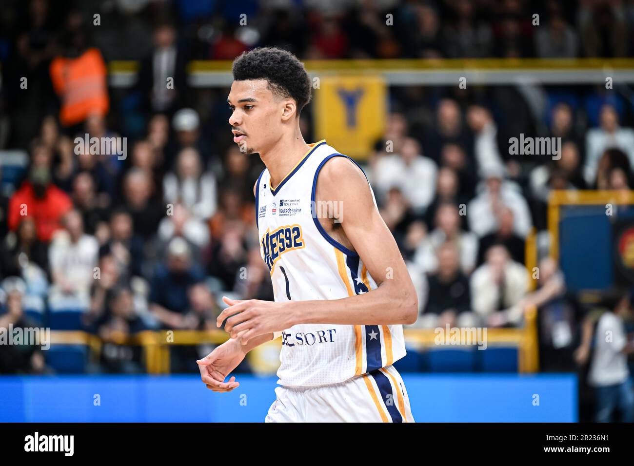 Parigi, Francia. 16th maggio, 2023. Victor Wembanyama durante il campionato francese, Betclic elite partita di basket tra Parigi e Metropoliti 92 (Mets o Boulogne-Levallois) il 16 maggio 2023 a Levallois, Francia. Credit: Victor Joly/Alamy Live News Foto Stock