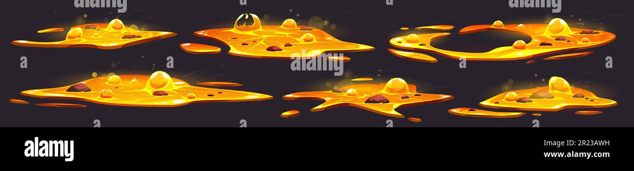 Pozza di lava calda fx con bolla arancione 2D. Vulcano liquido fuoco magma per l'ambiente inferno gioco. Set di elementi icona cartone animato vfx isolato giallo arancione metallo fuso gocciolamento. Fonderia che scorre acciaio Illustrazione Vettoriale