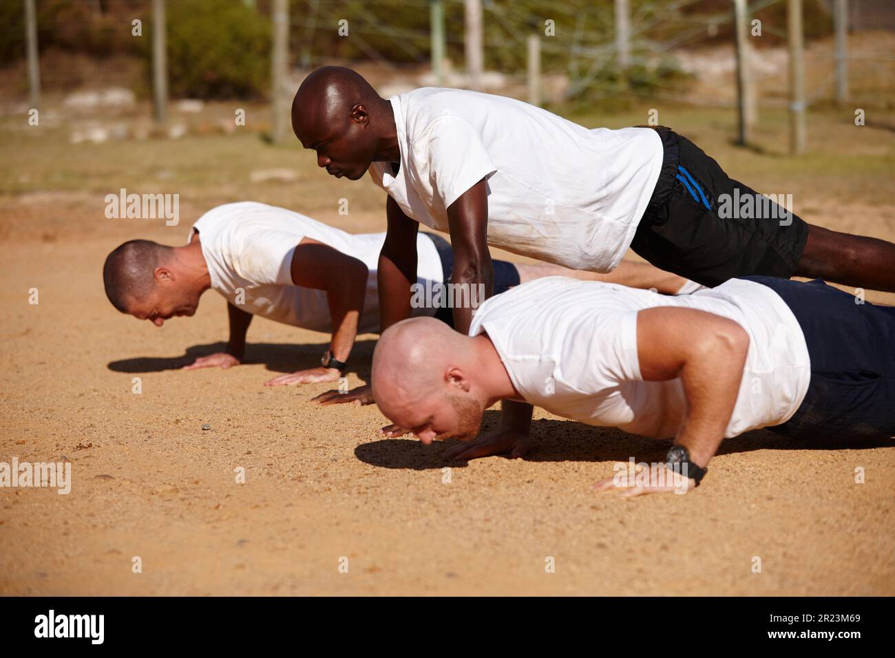Allenarsi per essere magri, significa combattere le macchine. un gruppo di uomini che fanno push-up in un bootcamp militare. Foto Stock