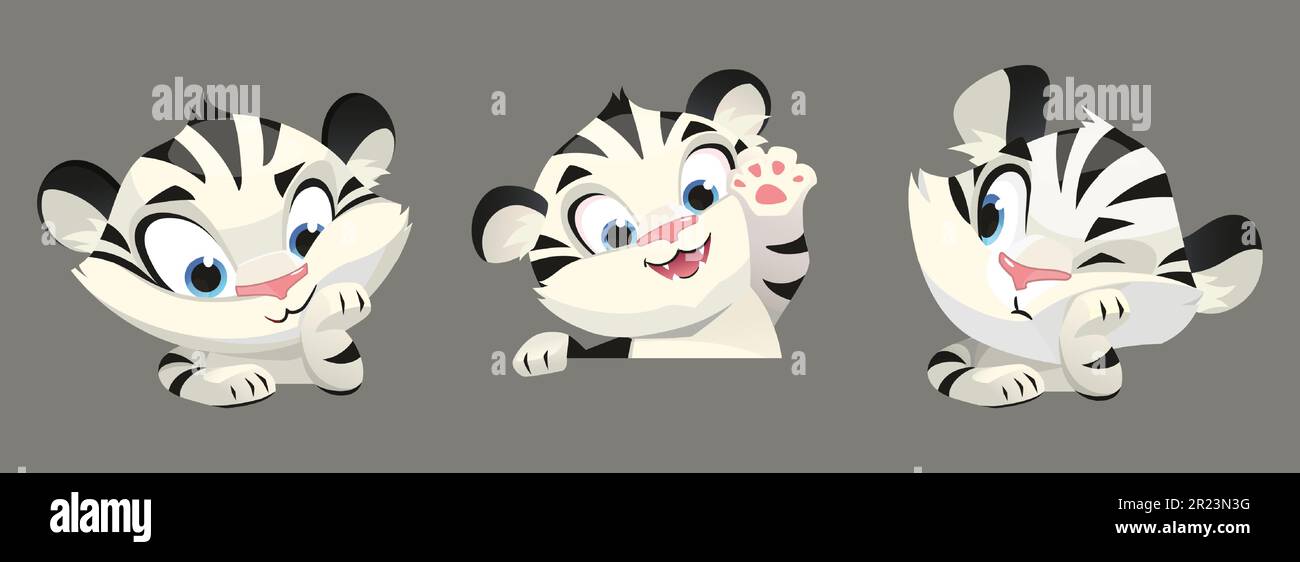 Set di cartoni animati di cubetti di tigre bianche isolati sullo sfondo. Illustrazione vettoriale di carino personaggio animale bambino sorridente, ciao ondulato con zampa, infelice. Divertente mascotte per il design dello zoo o della scuola. Simbolo dell'anno Illustrazione Vettoriale