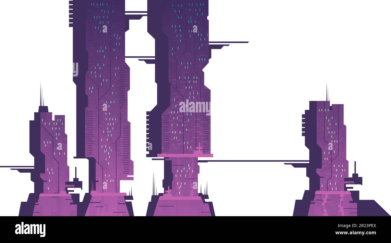 Futuri grattacieli della città, costruzioni urbane cyberpunk con luci nei colori rosa e viola al neon, edifici futuristici con illuminazione luminosa. Architettura cittadina moderna, illustrazione vettoriale Cartoon Illustrazione Vettoriale