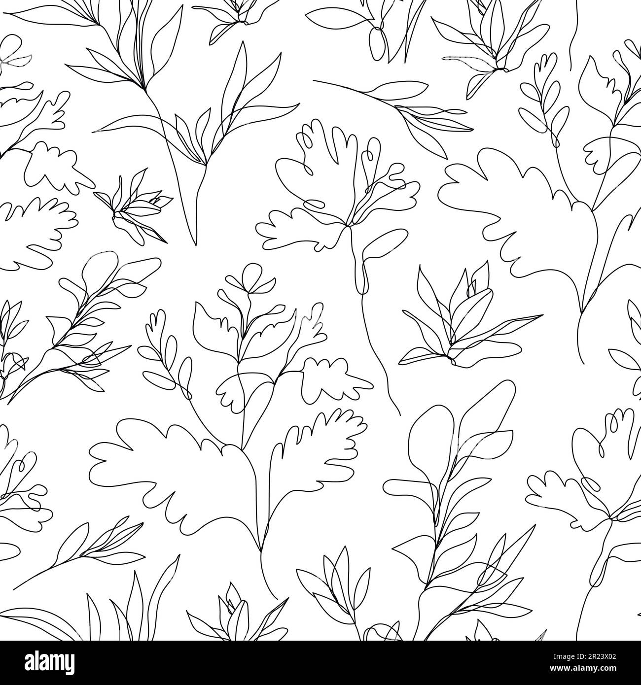 Vettore floreale lineare senza cuciture sfondo, piante e foglie. Uno, motivo a linea continua, stile disegnato a mano. Doodle monoline. Illustrazione Vettoriale