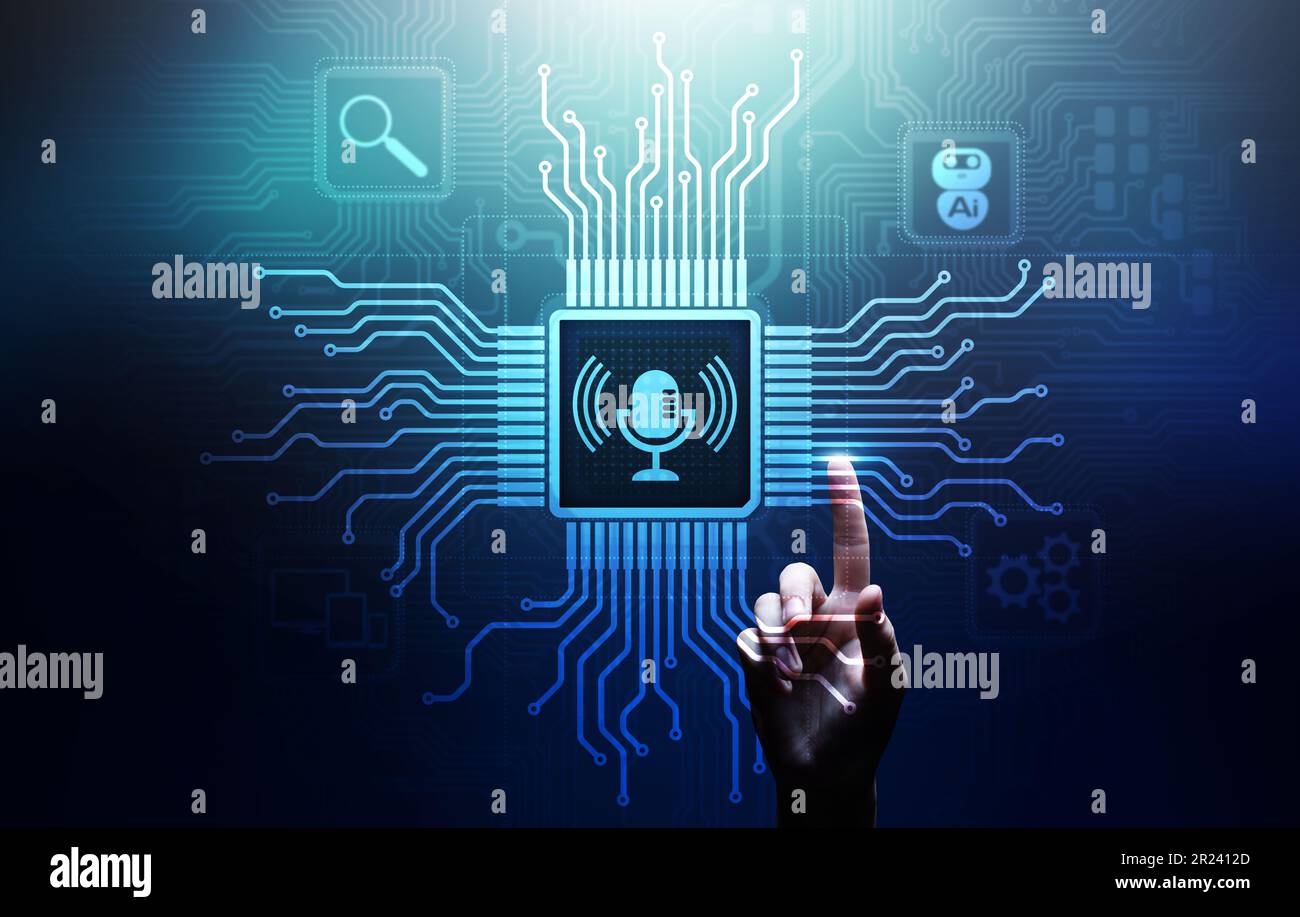 Simbolo del microfono di controllo e ricerca del riconoscimento vocale sullo schermo virtuale. Foto Stock