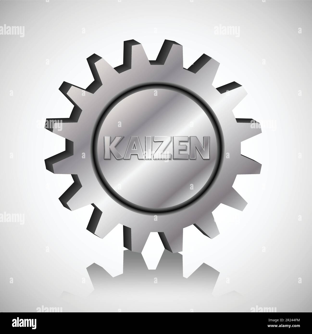 Testo Kaizen in una ruota dentata in metallo argento. Kaizen è un metodo di business giapponese che migliora la gestione e la produzione dei processi. Illustrazione Vettoriale