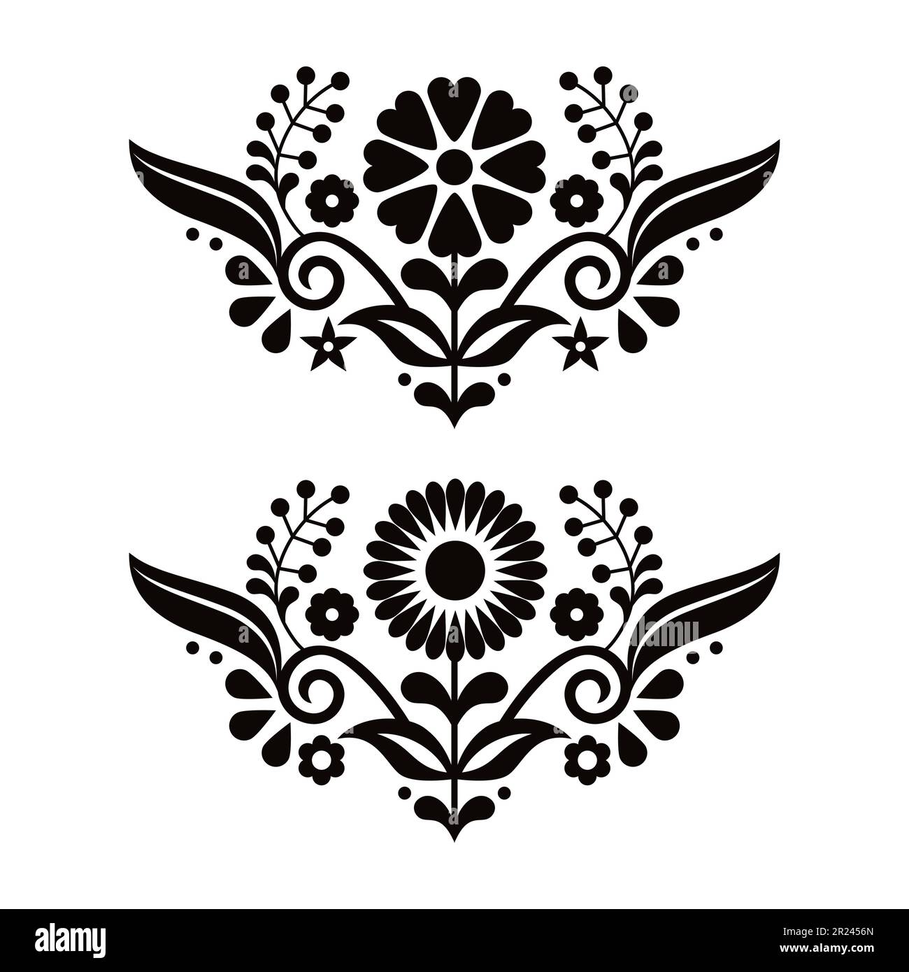Stile messicano arte popolare vettore due motivi set con fiori in bianco e nero, elementi di design ispirati da ricami tradizionali dal Messico Illustrazione Vettoriale