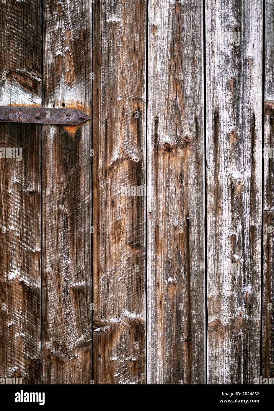 Vecchio muro di legno con tavole verticali e chiodi arrugginiti. Sfondo rustico o texture. Foto Stock