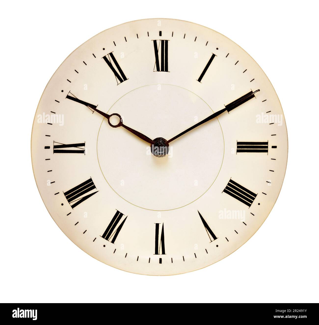 Antico orologio che punta a dieci e dieci isolato su sfondo bianco Foto Stock