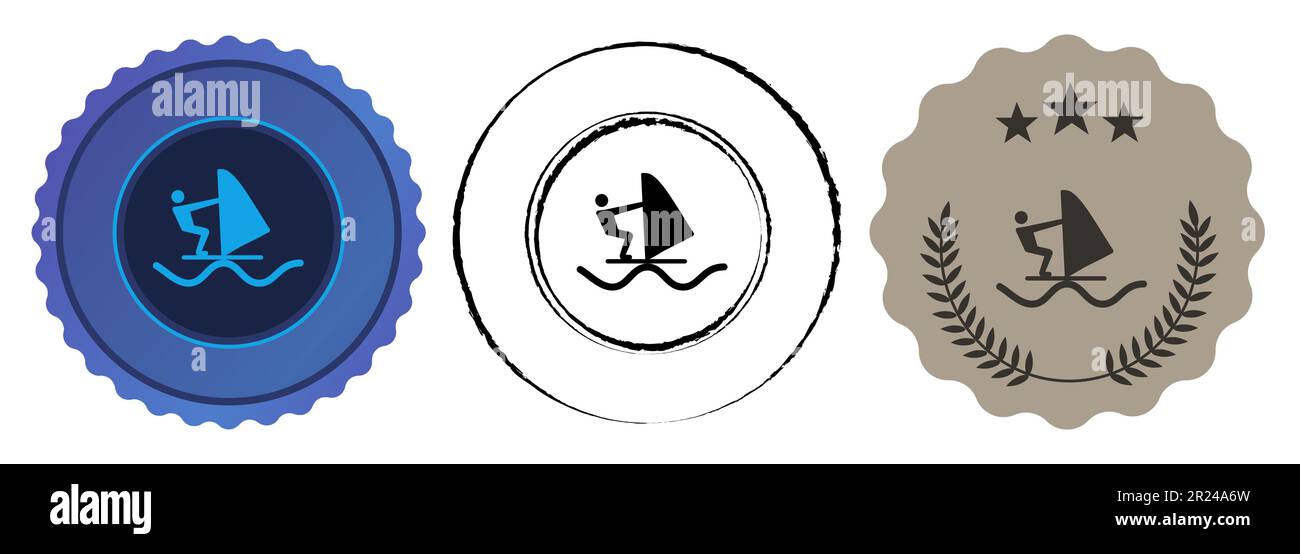 Vela sport persone Wind surf concorso nautico premio viola nero marrone medaglia piatta Illustrazione Vettoriale