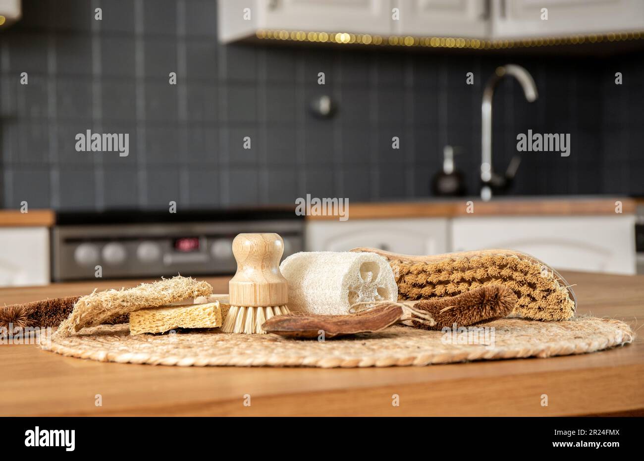 Bordo composto da varie spazzole e spugne di vari materiali naturali in cucina casalinga. Cocco, sisal, bambù, fibre di legno, spugna di mare. Foto Stock