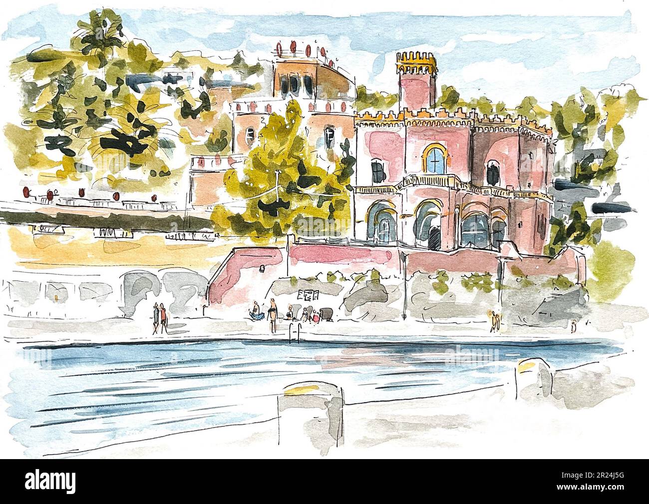 Casa italiana vicino al mare acquerello illustrazione Foto Stock