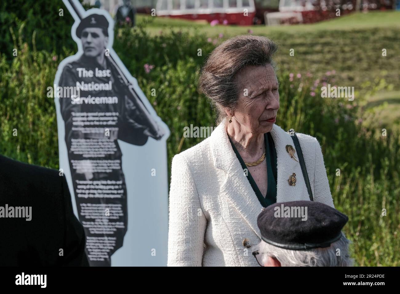 National Memorial Arboretum, Regno Unito. 16th maggio 2023. HRH la principessa reale partecipa al 60th° anniversario della Royal British Legions dell'ultimo serviteman che è stato sradicato dal servizio nazionale e incontra militari e donne che hanno servito nei vari conflitti. Credit Mark Lear / Alamy Live News Foto Stock