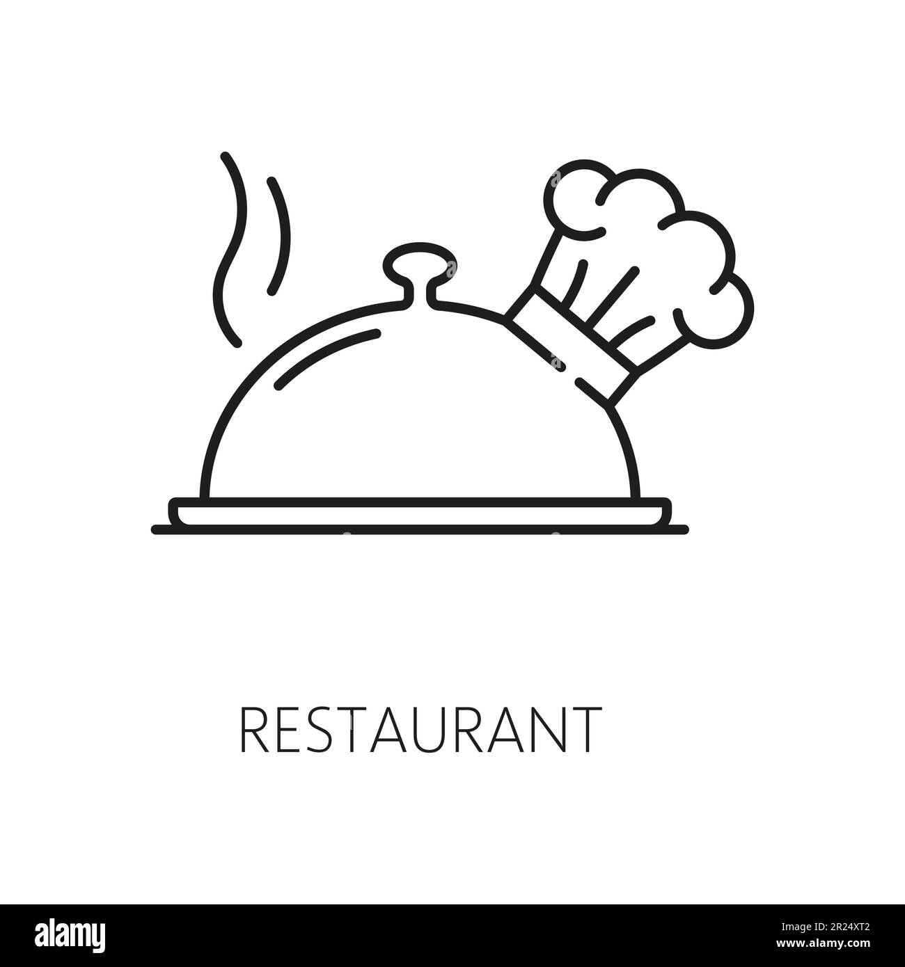 Ristorante servizio cibo cloche con chef cappello isolato linea sottile icona. Cena gourmet Vector, snack ristorante servito, ordine di pranzo in hotel Illustrazione Vettoriale