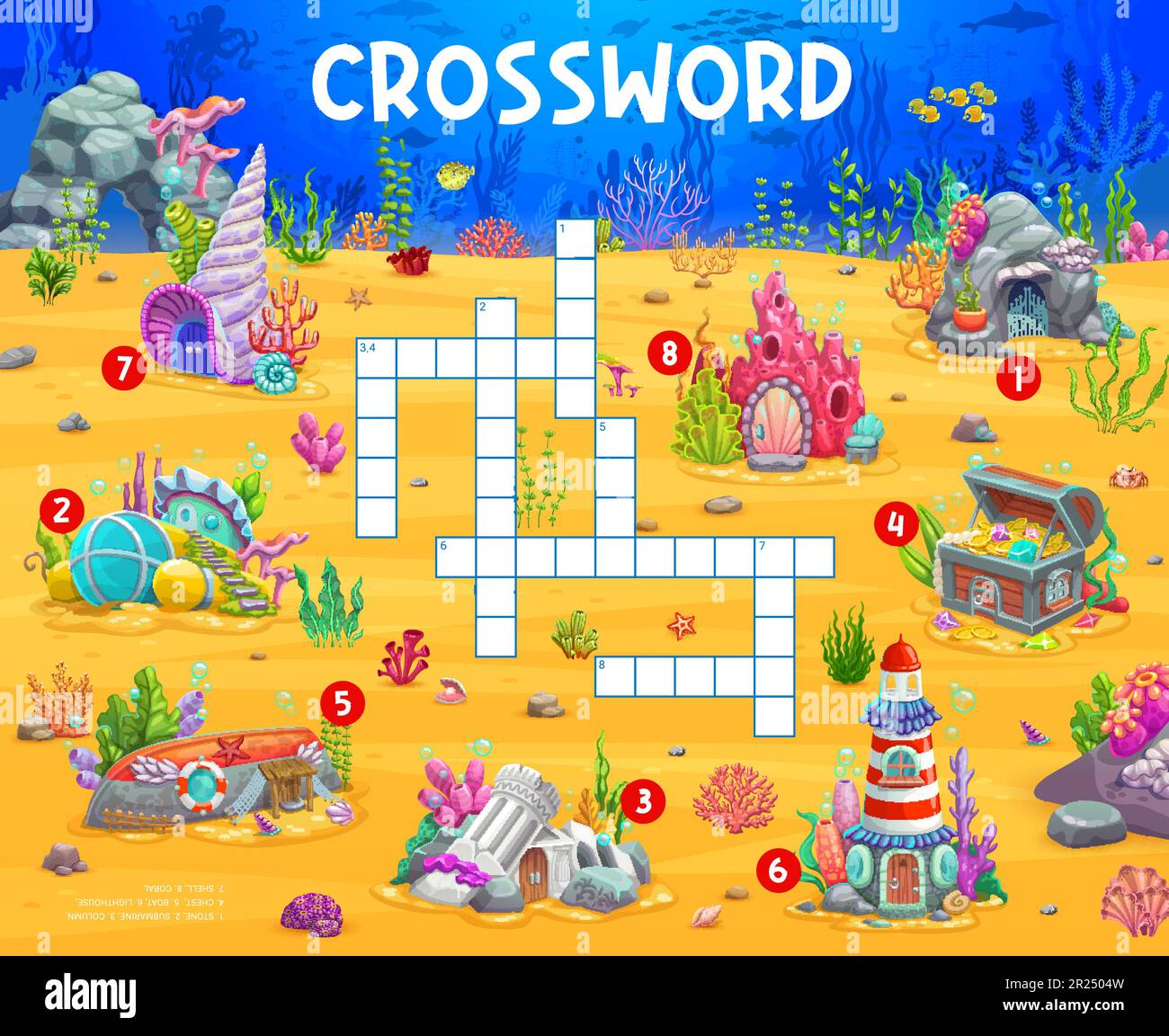 Griglia di gioco a quiz a parole incrociate. Cartone animato fiabesco casa subacquea edifici croce parola puzzle foglio di lavoro per i bambini. Rompicapo vettoriale con guscio, sottomarino, roccia e corallo, faro, petto e rovine con barca Illustrazione Vettoriale